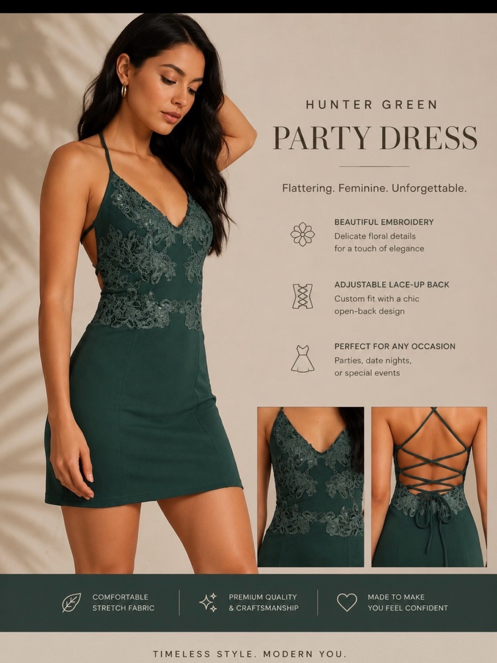 Lulu’s Small Devotion Hunter Green Embroidered Lace-up Mini Dress